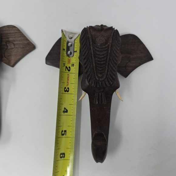 VTG Hand Carved Wood Elephant Head Wall Hanging /Hooks 6"x5" Set of 2 - Picture 6 of 9